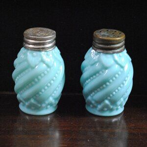 Antique EAPG Blue Glass Dithridge Beaded & Swirl Shakers Opaque and Opaline